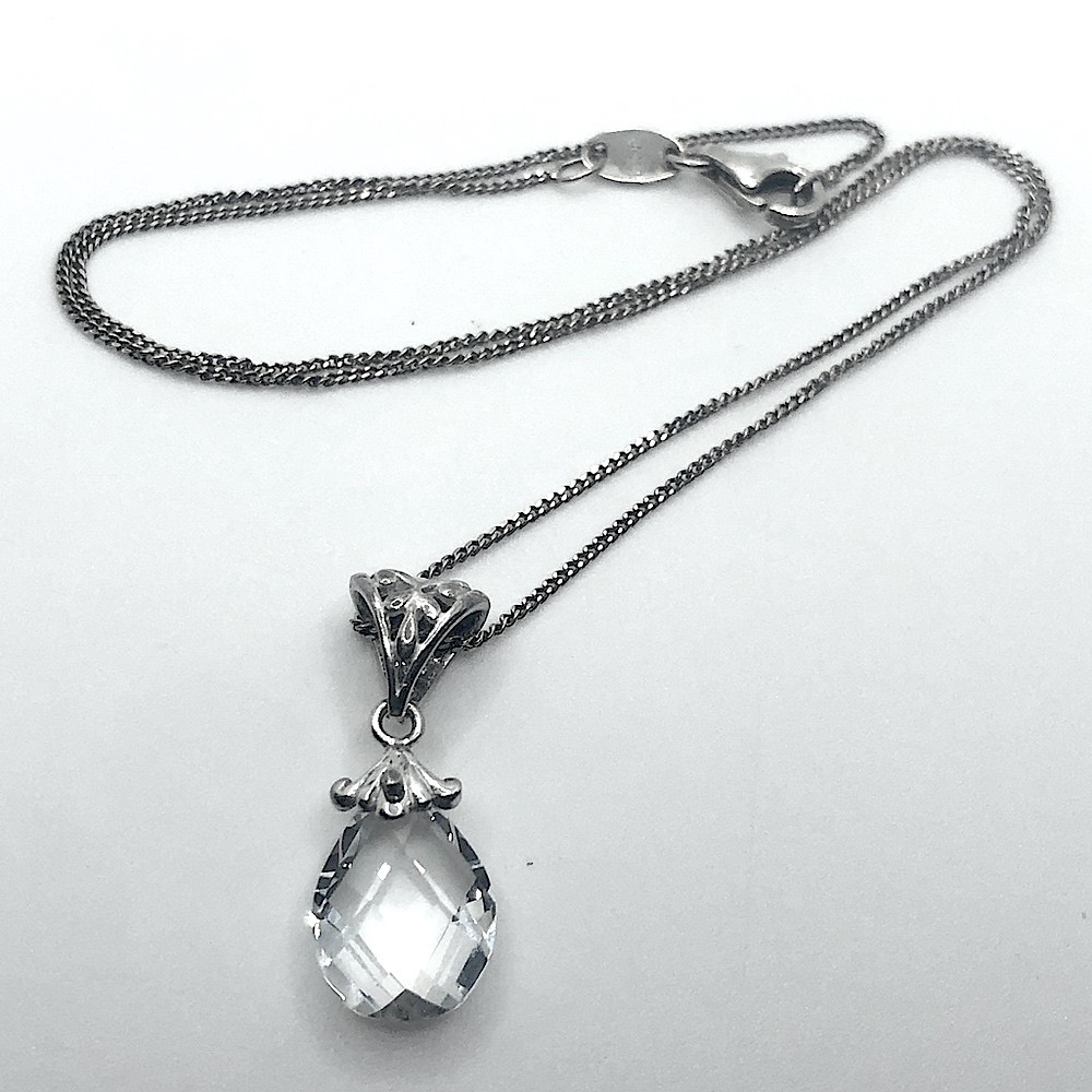 VTG Sterling Silver Facet Cut Crystal Drop Pendant w 925 Chain 16” + 1” Pendant